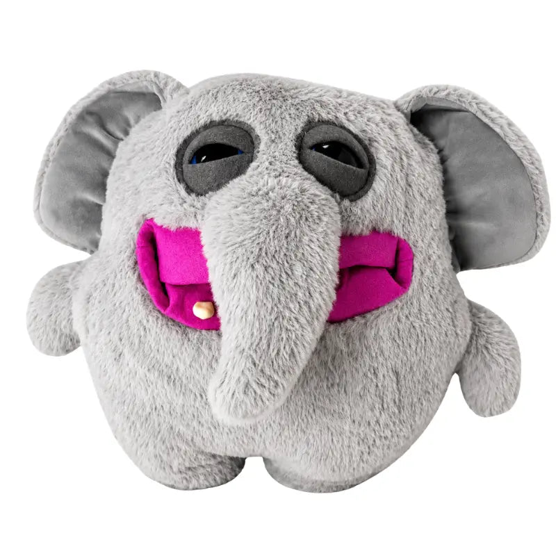 Studio front view of Zuru Fuggler Chunky Fuggs Trunkles elephant plush with trunk, single tooth, and magenta mouth