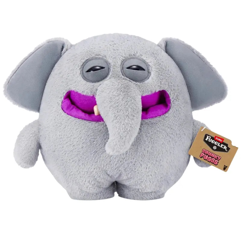 Front view of Trunkles elephant plush displaying attached Chunky Fuggs hangtag