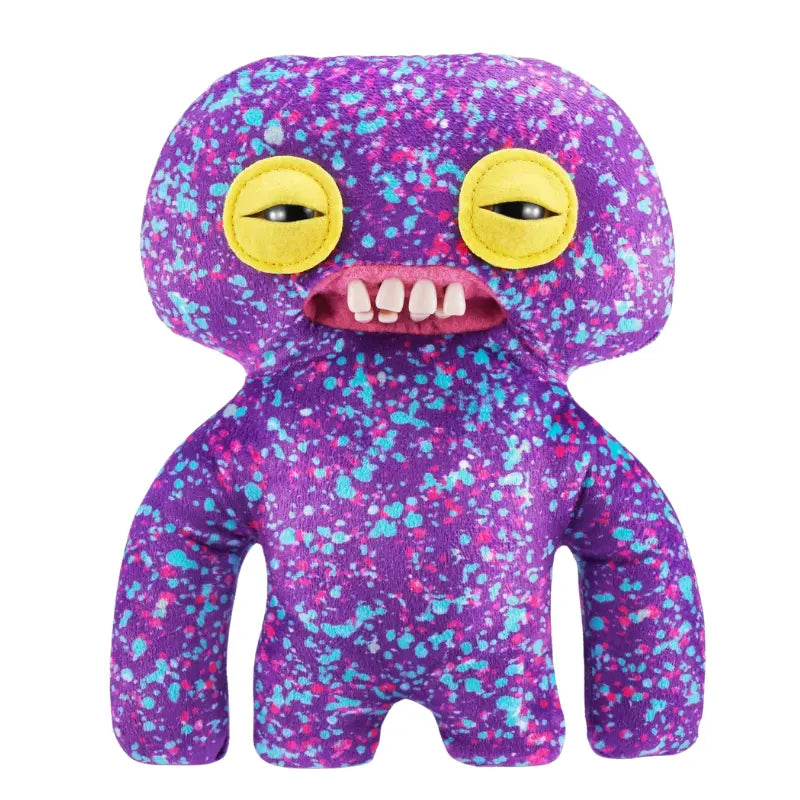 Zuru Fuggler Laboratory Misfits Edition purple and cyan splatter plush front view with yellow eyes and human teeth
