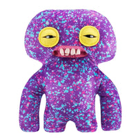 Thumbnail for Zuru Fuggler Laboratory Misfits Edition purple and cyan splatter plush front view with yellow eyes and human teeth