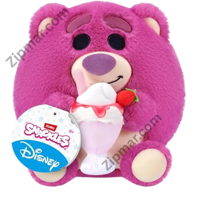 Pink Lotso Snackles plush by ZURU holding a strawberry sundae, with Disney hang tag