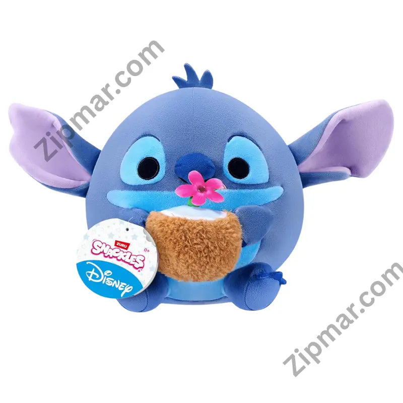 ZURU Snackles Disney Stitch plush front view with coconut drink, pink flower and Snackles tag”
