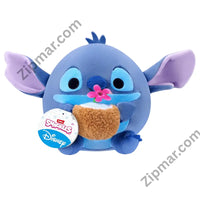 Thumbnail for ZURU Snackles Disney Stitch plush front view with coconut drink, pink flower and Snackles tag”
