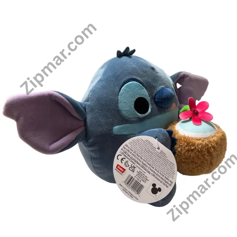 ZURU Snackles Disney Stitch plush side view holding coconut drink with hang tag”